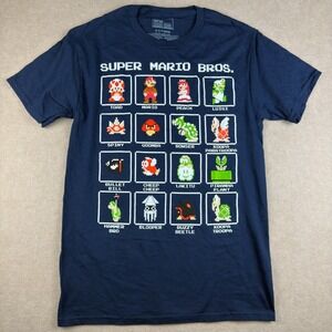 Super Mario Bros Graphic T-Shirt Mens S Blue Nintendo Pixel Characters Tee